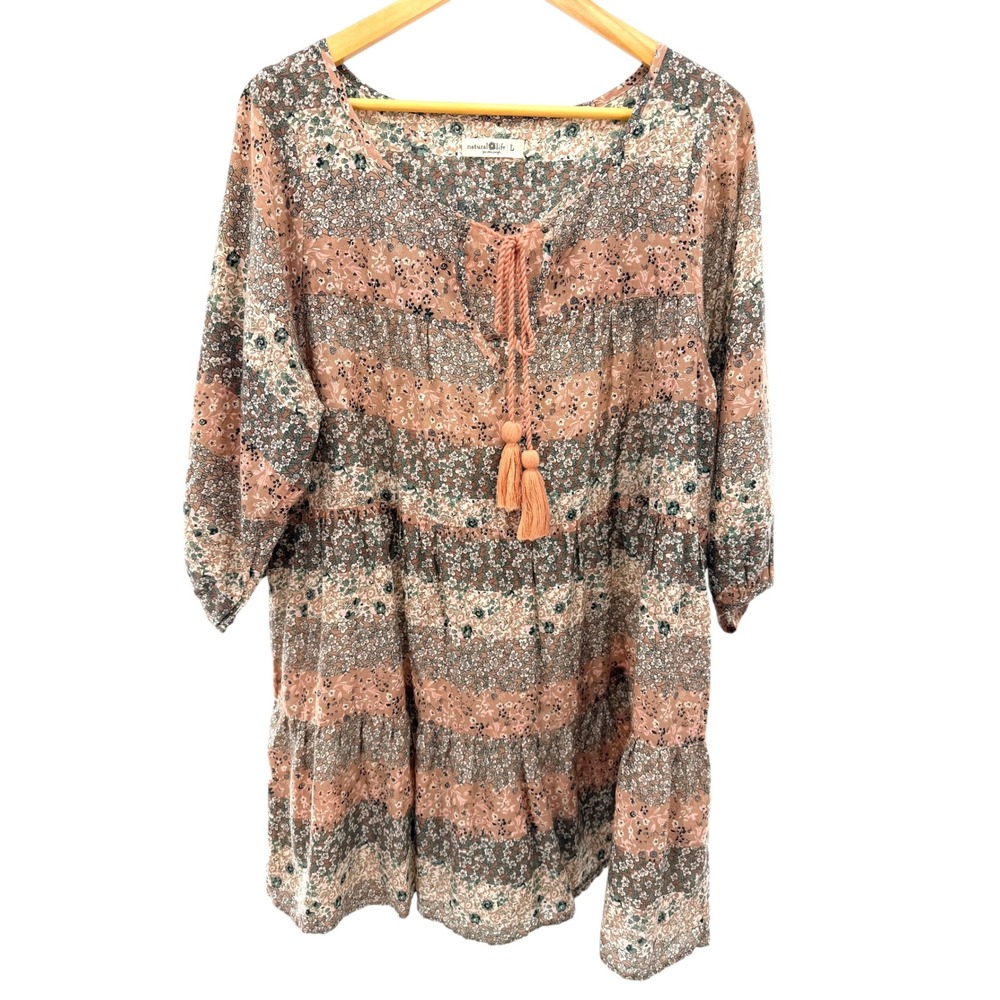 Natural Life Womens Floral Tiered Tunic Mini Dress‎ Cotton Boho Tassel L Prairie